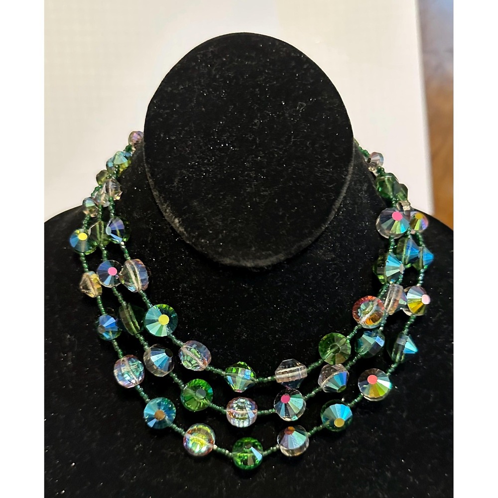 1950's Vendome 3 Strand Green AB Crystal Necklace Choker